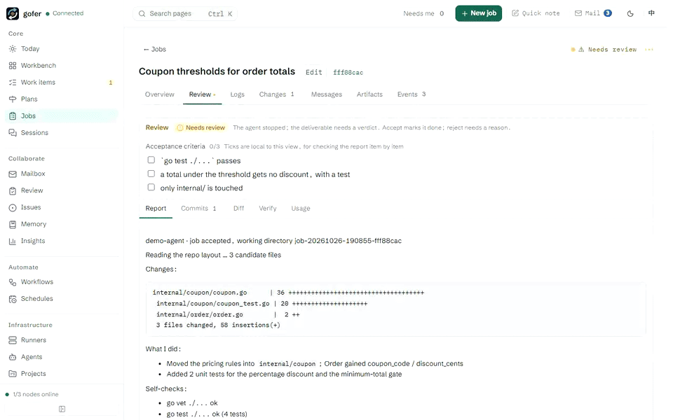 Open a job waiting for review, read the diff, accept and merge it